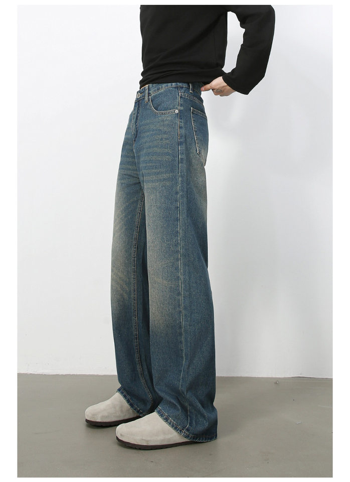 Quần jean nam ống rộng suông thẳng phong cách Mỹ, denim wash đơn giản — màu xanh, màu xanh nhạt chi tiết 11