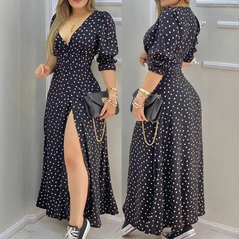 Cross-border Amazon European and American Women's Clothing 2025 Summer Dot Printing Short Sleeve Split Mid-length dress Long Women