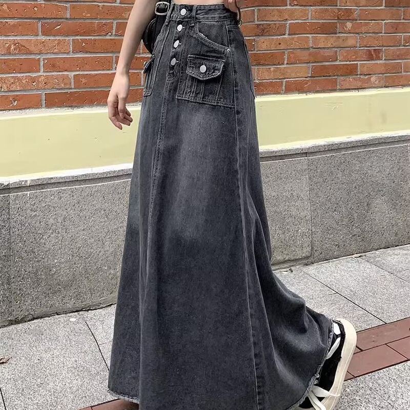 大码胖mm高腰牛仔半身裙女秋冬显瘦复古设计感小众a字中长款裙子|undefined