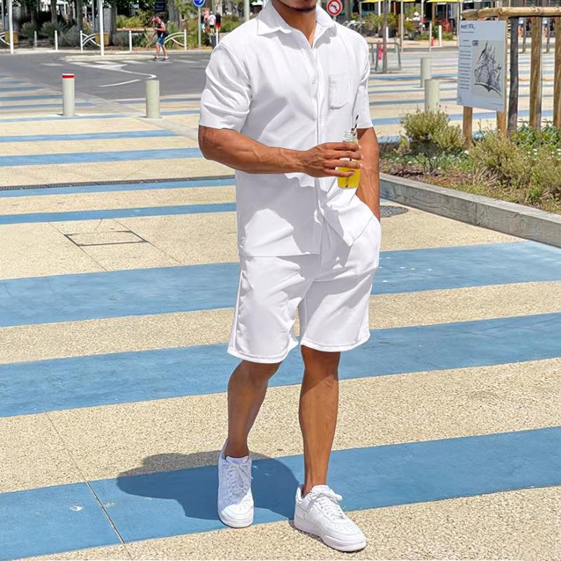 308g Weight Short Sleeve Sleeve Length Casual Women's Men's Vacation Solid Color Linen Polyester Shorts Sets Pant Co-ord Set Shorts