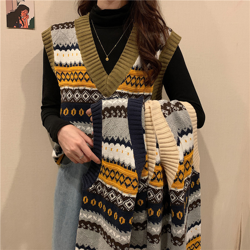 实拍实价 条纹拼色V领马甲毛衣背心女网红宽松针织马夹外穿外套