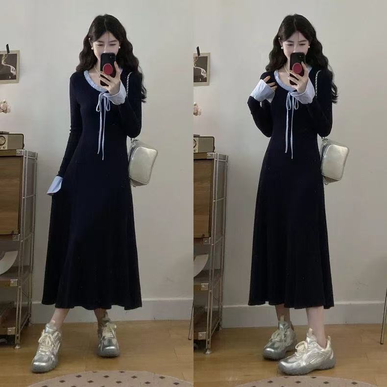大码法式蝴蝶结系带针织连衣裙女2025秋冬胖mm设计感拼接边长裙子|undefined