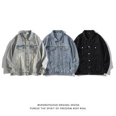 美式复古牛仔外套男秋冬季新款潮牌做旧情侣夹克宽松时尚百搭上衣