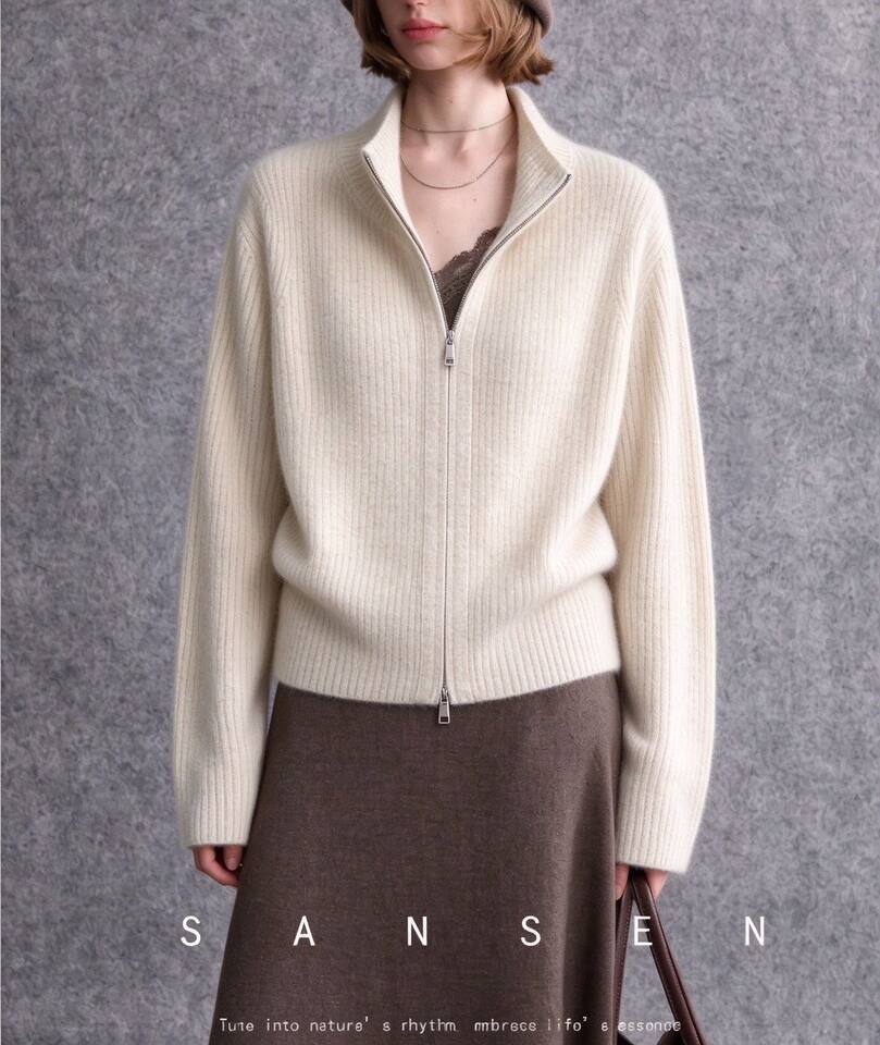 Áo khoác cardigan len lông cừu nguyên chất dài tay cổ bán cao, khóa kéo đôi, sọc gân dọc tôn dáng — Màu cà phê, Màu tự nhiên, màu đen chi tiết 2