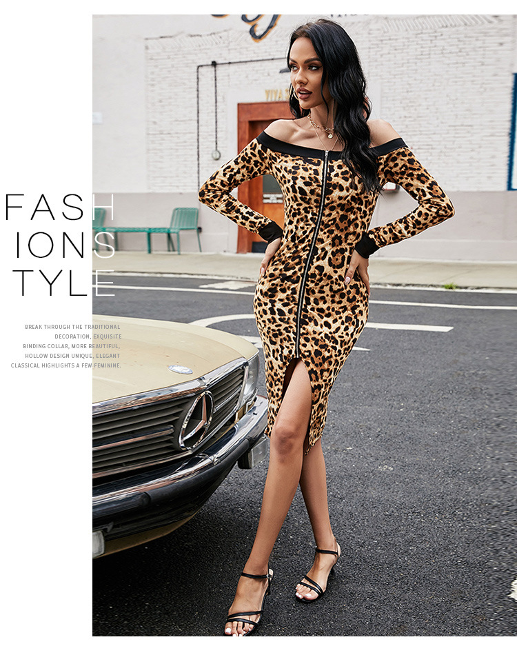 long-sleeved off-shoulder leopard print dress  NSJR46350