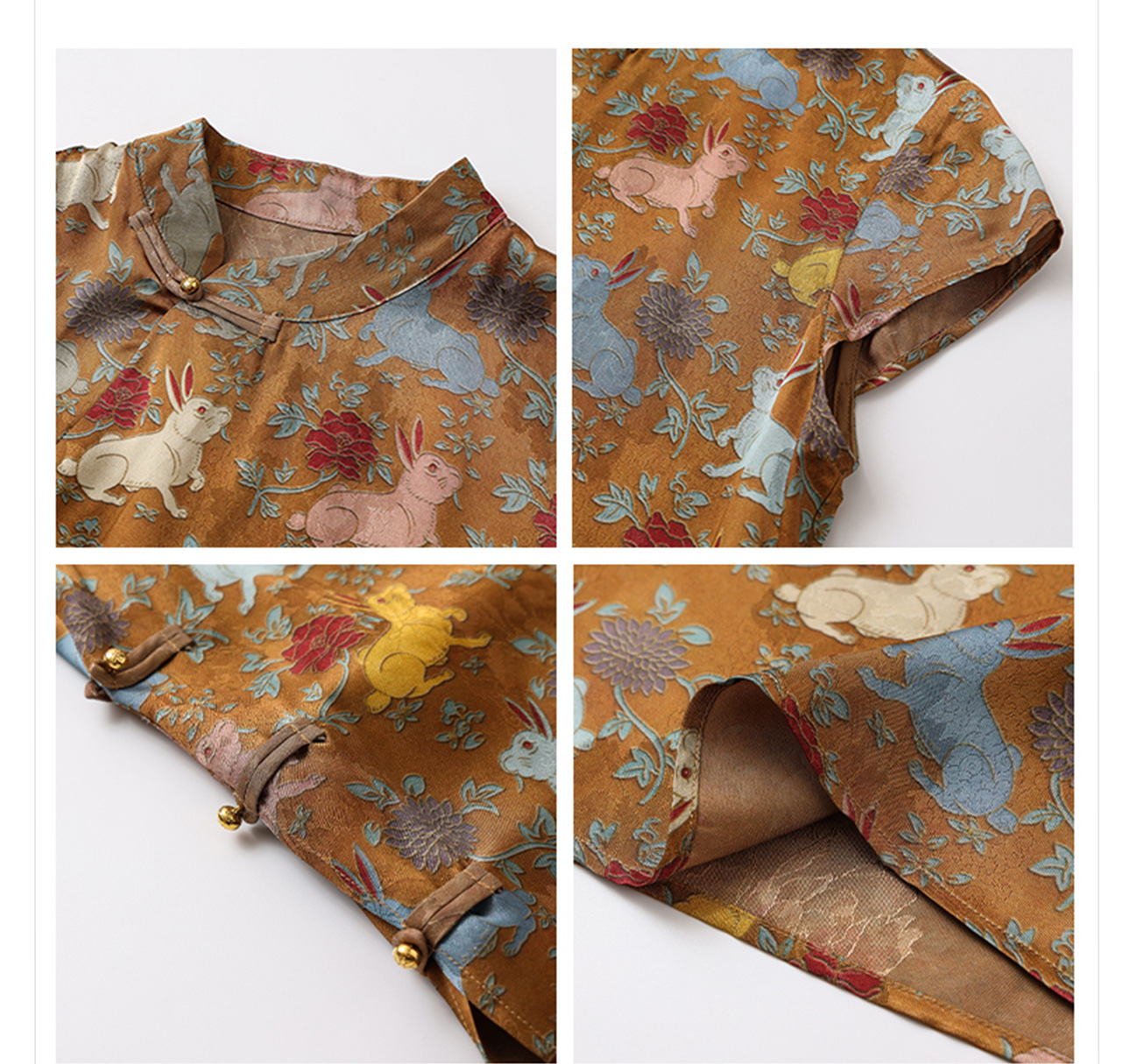 Đầm suông midi chữ A vải rayon thêu hoa cách tân cổ điển Trung Quốc — Màu đỏ san hô, Màu caramel chi tiết 39