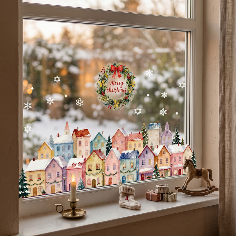 New Christmas Watercolor House Glass Static Cling Decorations Removable Window Stickers for Bedroom and Living Room Windows New Christmas Watercolor House Glass Static Cling Decorations Removable Window Stickers for Bedroom and Living Room Windows