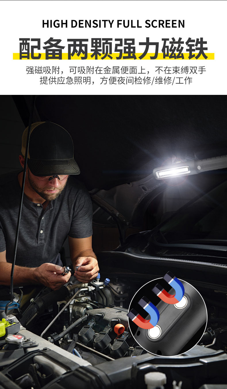 Cross-Border Cob Car Emergency Maintenance Light, Hand-Cranked Power-Generating Flashlight, Rechargeable Magnetic Work Light