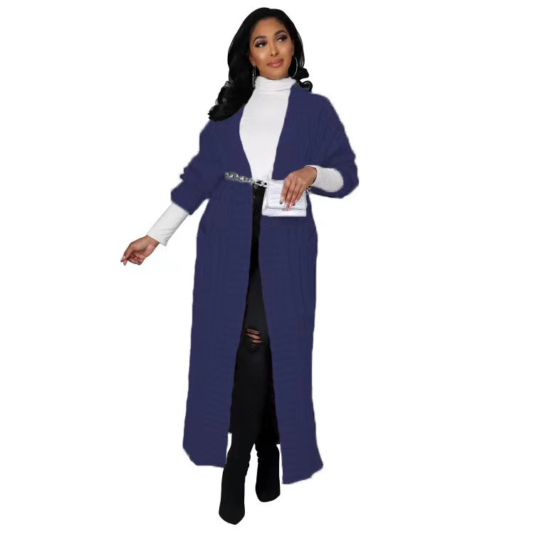 2025 nuevo otoño e invierno Amazon ropa de mujer europea y americana moda bolsillo cárdigan casual suéter de manga larga largo color sólido exterior