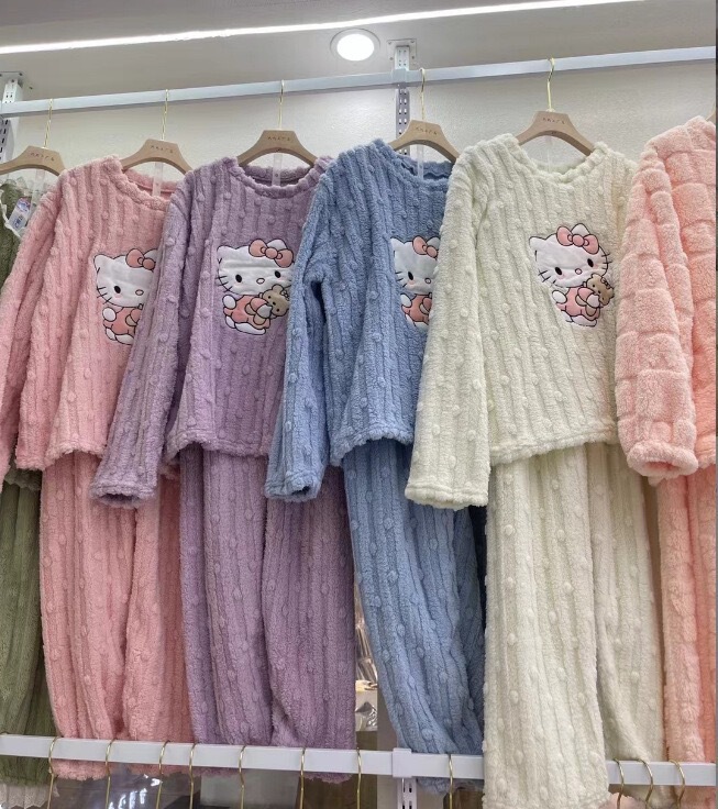 卡通猫珊瑚绒睡衣女2025冬季新款加绒加厚家居服冬季保暖长袖套装|undefined