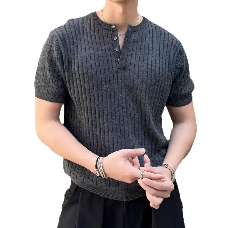 Camiseta de punto de manga corta camiseta hombre Henry cuello medio abierto viejo viento delgado negocio hielo verano fábrica transfronteriza al por mayor