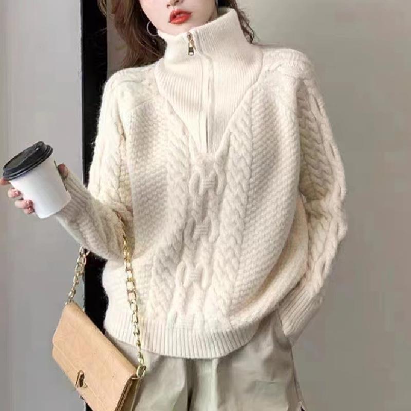 ファッション麻花高襟ニット女性秋冬新作韓国版怠惰風半ファスナーゆるいセーターコート女性|undefined
