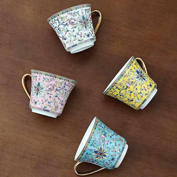 Jingdezhen porcelain straight-mouthed milk cup and coffee cup, European palace style, enamel color hand-painted gold-trimmed afternoon tea cup and saucer