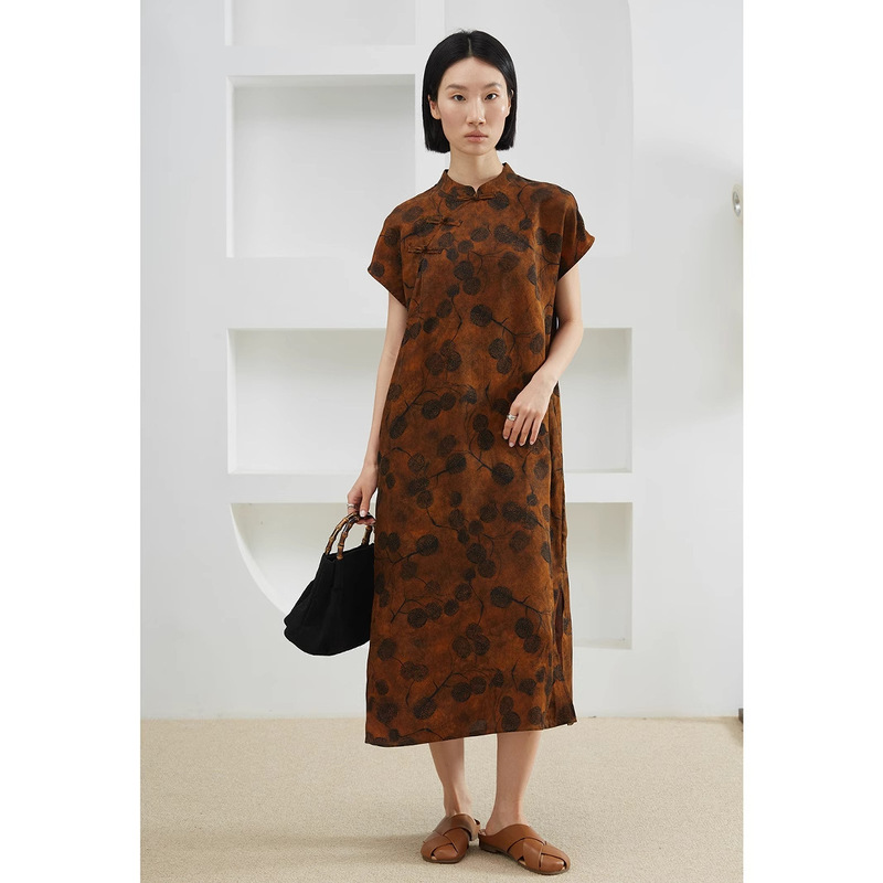 Silk Fragrant Cloud Yarn Improved Cheongsam Dress 100% Mulberry Silk Stand Collar Waist Short Sleeve Long Skirt Summer