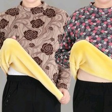 圆领女式条纹中老年秋冬季妈妈装打底衫半高领印花女上衣中年衣服