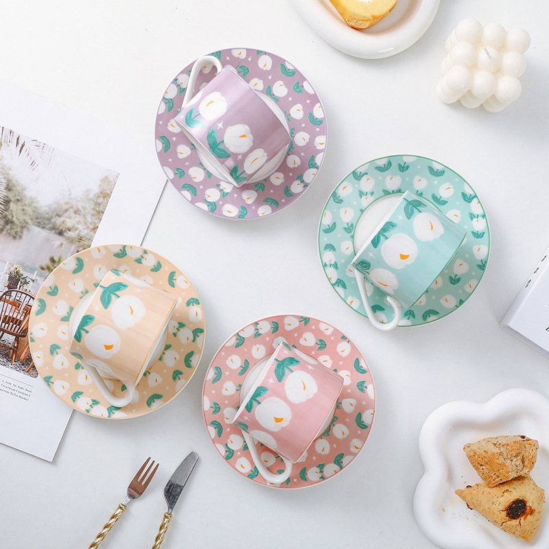 Ceramic Coffee Cup and Saucer Set with Instagram Style Tulip Afternoon Tea Cups - Creative Gift Set with Unique High-End Vibe