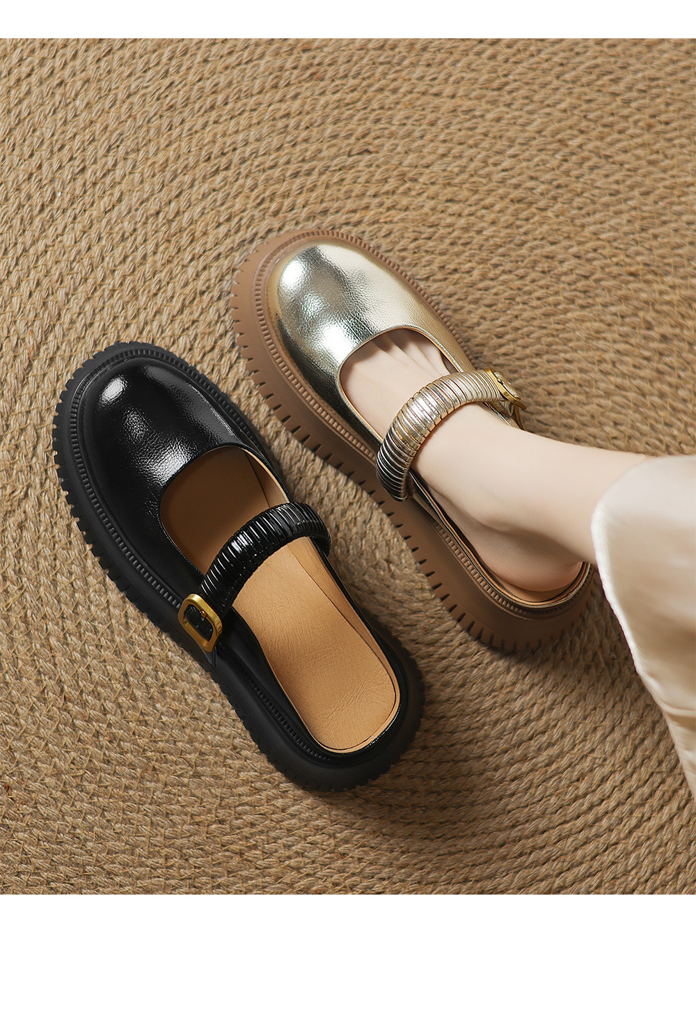 Dép sandal nữ đế dày 6cm mũi hở quai ngang Mary Jane — đen, vàng chi tiết 8