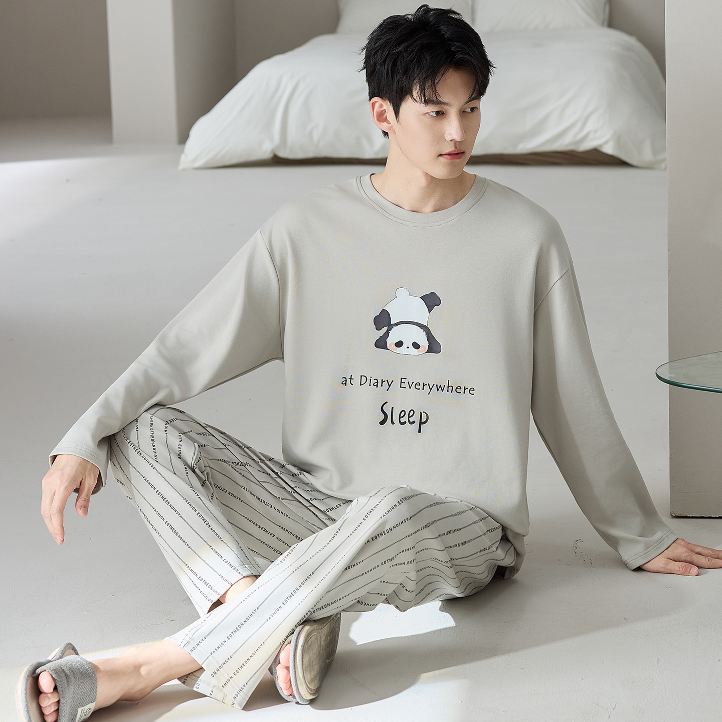 Spring and Autum Long-Sleeved Pants 100% Cotton Pajamas Men's Cartoon Loose Casual Korean Style New High-End Home Clothes