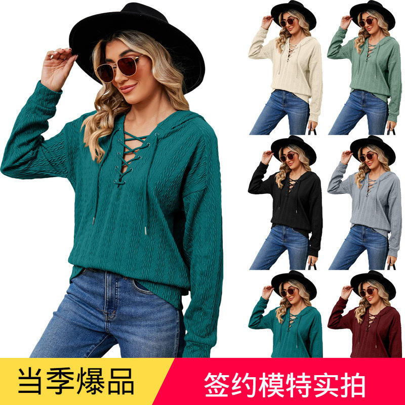 European and American cross-border Women's solid color hooded sweater women's 2023 Amazon autumn and winter New neckline lace-up long sleeve top