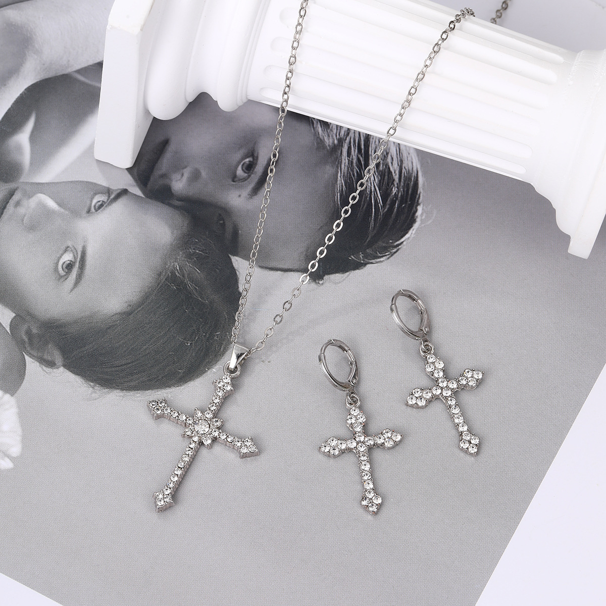 Rhinestone Cross Necklace And Earrings Set Two-piece Jewellery_voghion.com