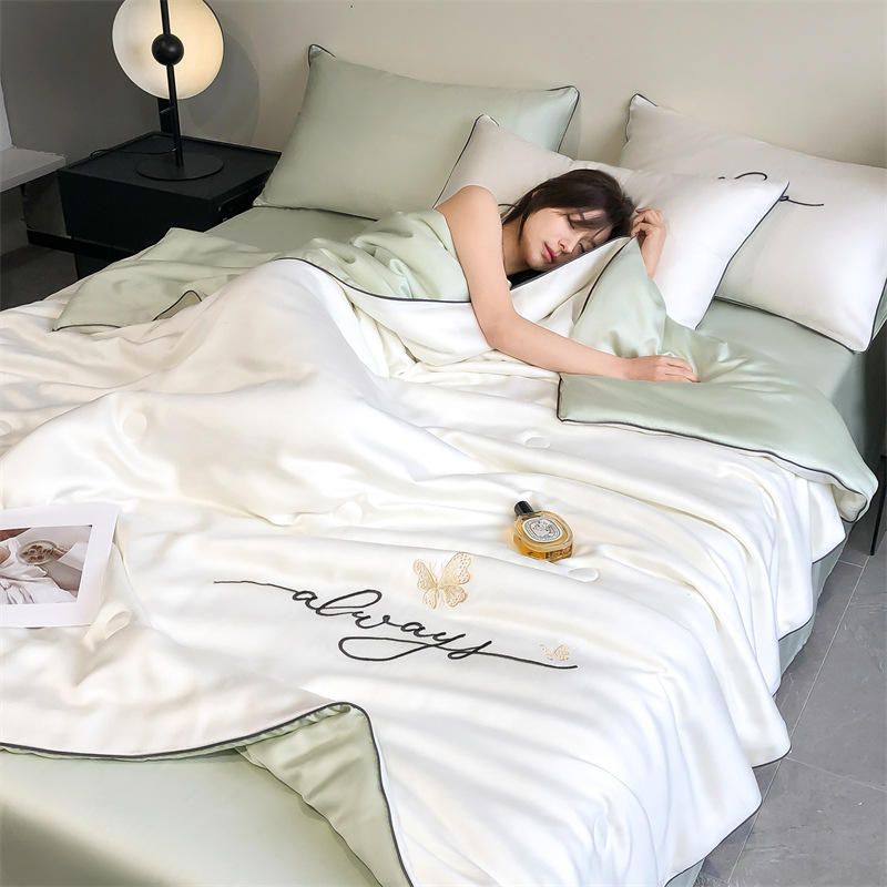 Class A Maternal and Infant Grade Solid Color Washed Silk Cool Summer Quilt Four-Piece Ice Silk Embroidered Air Conditioned Quilt Single Thin Quilt