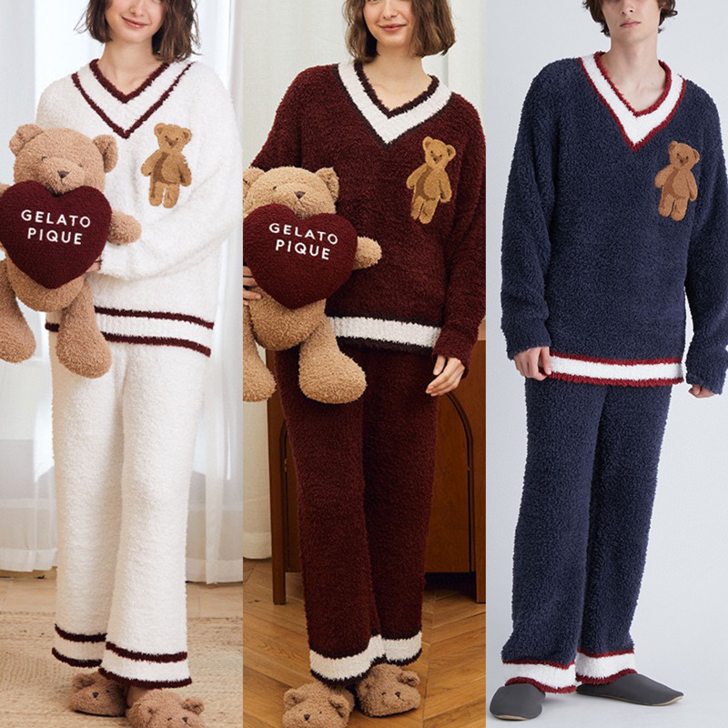 Joyce GP winter warm soft half velvet Christmas cartoon bear parent-child couple home suit
