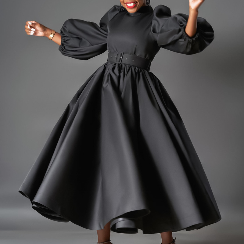 Cross-border Large Size Women's Clothing European and American Loose Large Size Fashion Solid Color Large Skirt Bubble Sleeve Mid-length Dress African Dress