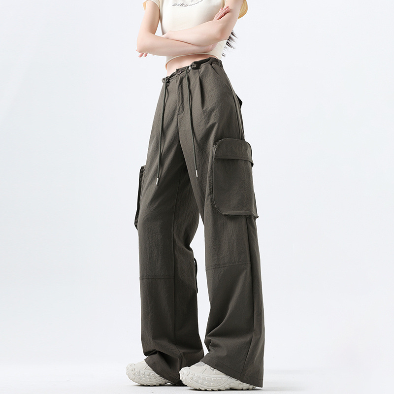 American Retro Lumberjack Cargo Pants for Women, Autumn and Winter New High-Waisted Loose Slimming Drawstring Casual Wide-Leg Sports Pants