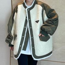 秋冬季新款羊羔毛外套女设计感棉衣显瘦拼接机车棒球棉服加厚