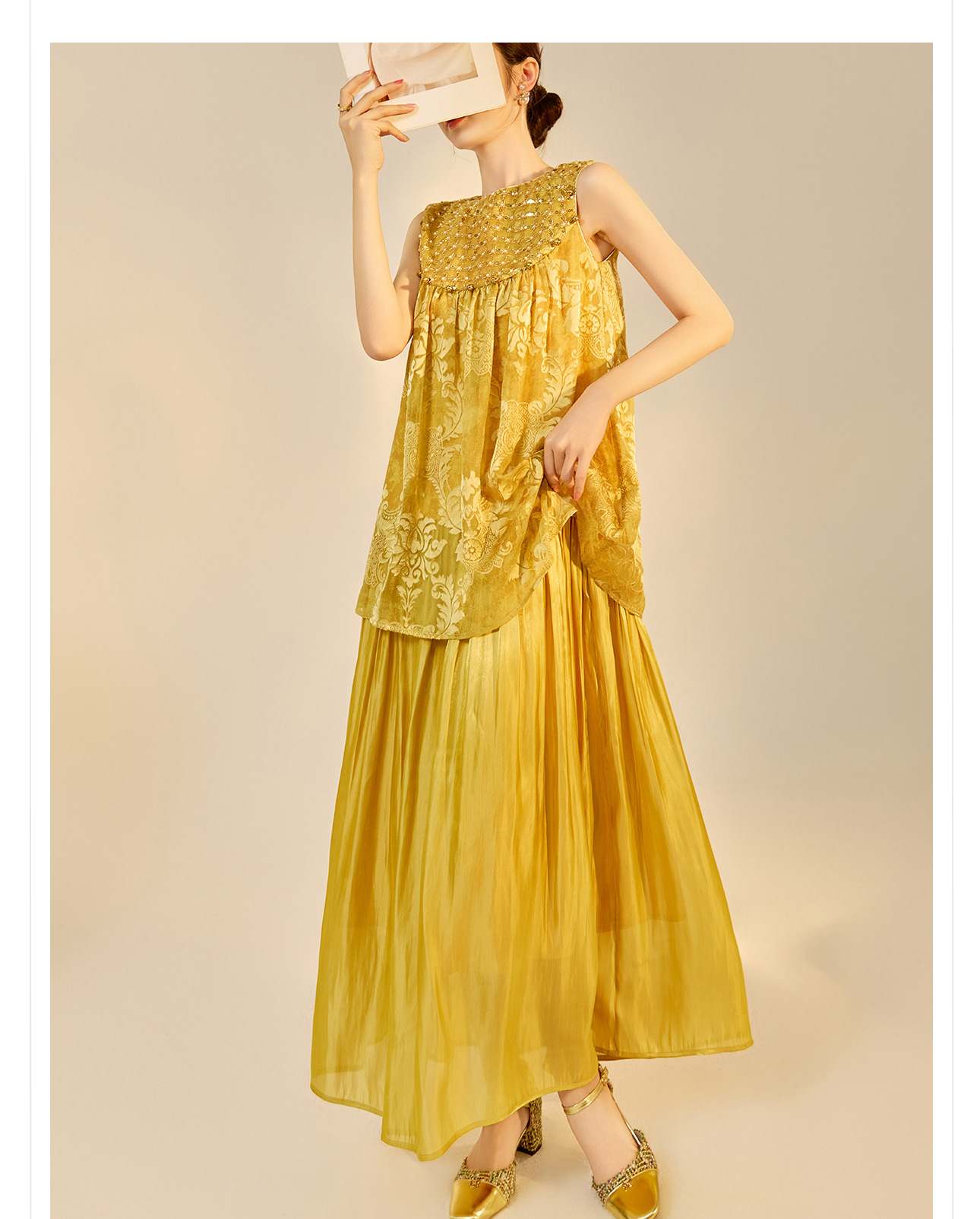 Đầm maxi nữ phong cách Trung Hoa mới, tay không, đính cườm lụa, dáng thắt eo N6041 — màu vàng, xanh lá cây chi tiết 28