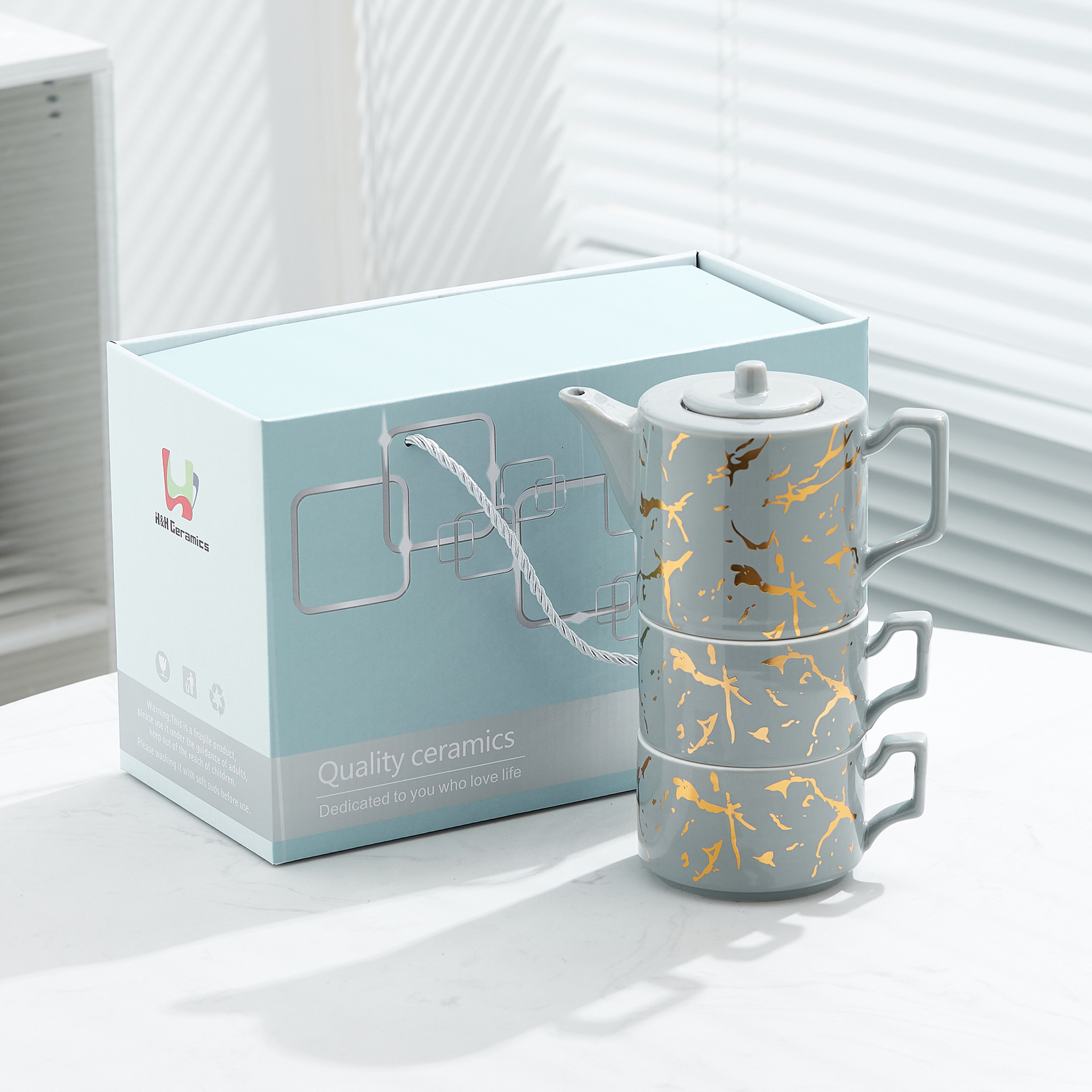 Oro marbling flor juego de té Nordic ins juego de té traje Luz de lujo tarde juego de té caja de regalo embalaje