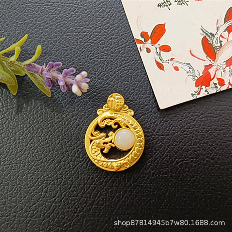 상감 된 Hetian 옥 드래곤 구슬 누드 펜던트 연주 (직경 25mm)