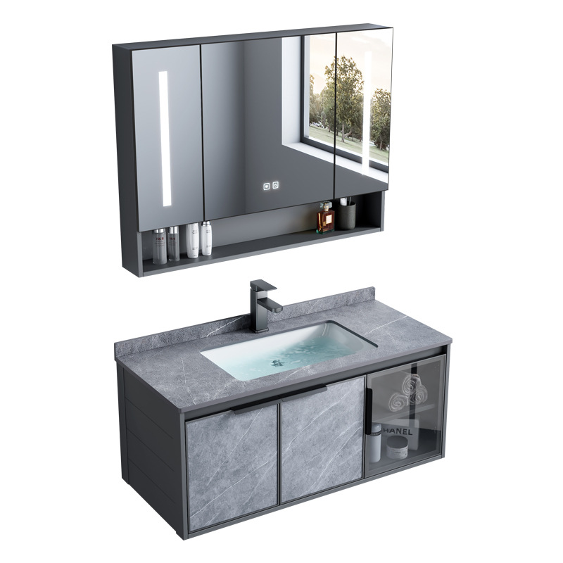Combinación de mueble de baño de aleación de aluminio espacial, lavabo de baño de hotel de comercio exterior, lavabo de roca, lavabo integrado