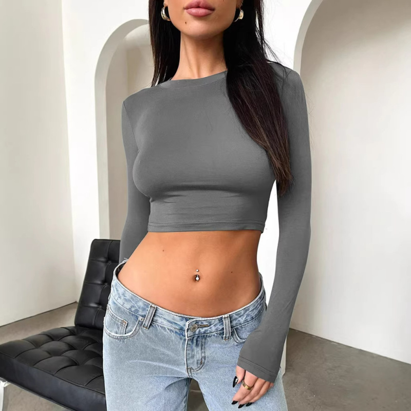 2026 Cross-Border European and American Style Spicy Girl Solid Color Round Neck Long Sleeve Crop Top Slim Fit Short T-Shirt Women's Sexy Skims 2026 Cross-Border European and American Style Spicy Girl Solid Color Round Neck Long Sleeve Crop Top Slim Fit Short T-Shirt Women's Sexy Skims
