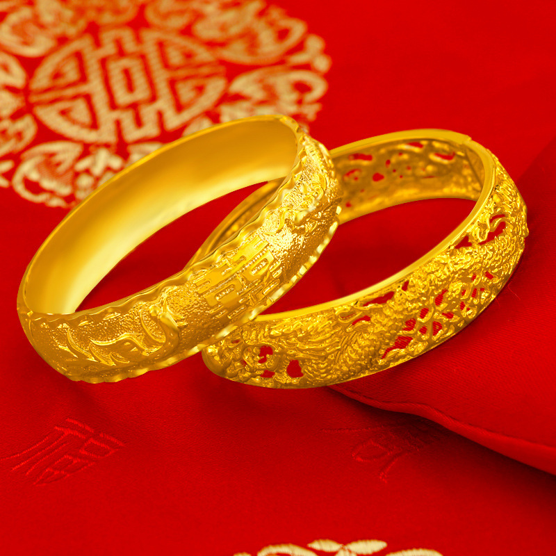 In stock supply brass gold-plated jewelry fashion wide buckle double happiness dragon and phoenix bracelet bridal wedding imitation gold jewelry