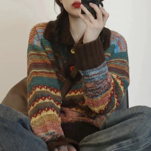 Korean-style fair island slouchy striped Maillard loose-fit slim vintage knitted top