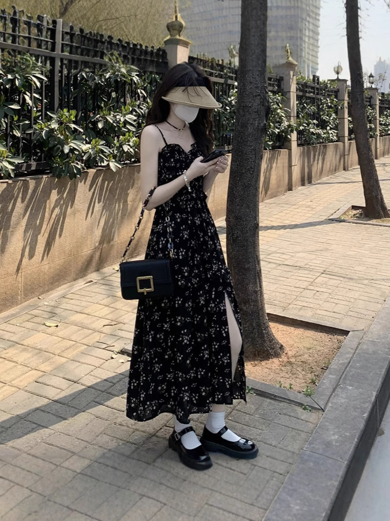 Đầm maxi nữ thắt eo xẻ tà dài phong cách trà chiều — đen