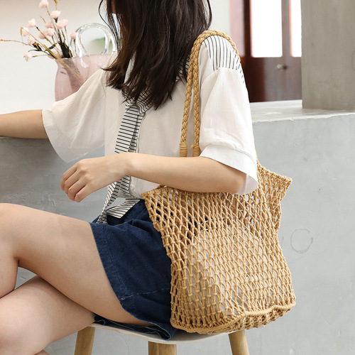 Korean style casual literary bucket bag ins fashion hollow canvas mother-in-law bag internet celebrity cotton thread woven shoulder bag for women