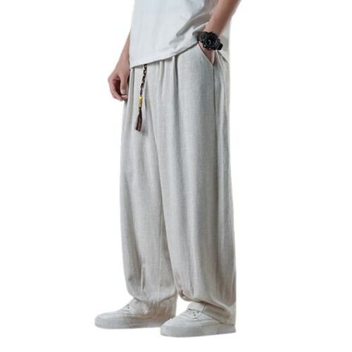 Linen pants for men, summer loose and flowing wide-leg casual long pants, new Chinese style, national style, plus-size linen lantern