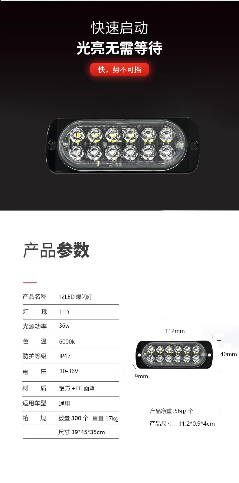 Truck Van 12-24V Car Ultra-Thin Side Signal Warning Light 12Led Strobe Light Flash Light Modification 36W