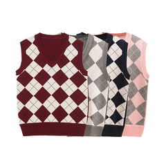 2024 new retro rhombus children's vest British style fur waistcoat for male and female students autumn and winter school uniform jacket