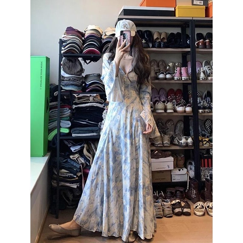 Ok-087 Tea Break French Blue Floral Long Sleeve Dress for Women, New Spring Style for Petite Figures, Waist-Cinching Vacation Long Dress