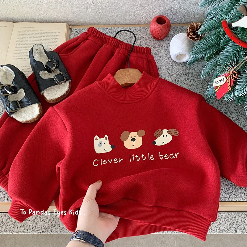 儿童秋冬套装男女童卫衣2025宝宝加绒加厚小童运动冬装红色年服潮