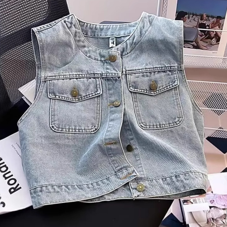 Trendy Cool Casual Western Style Thin Denim Vest Coat Women's Summer New Korean Style Spring and Autumn Outer Wear Sleeveless Vest Trendy Cool Casual Western Style Thin Denim Vest Coat Women's Summer New Korean Style Spring and Autumn Outer Wear Sleeveless Vest