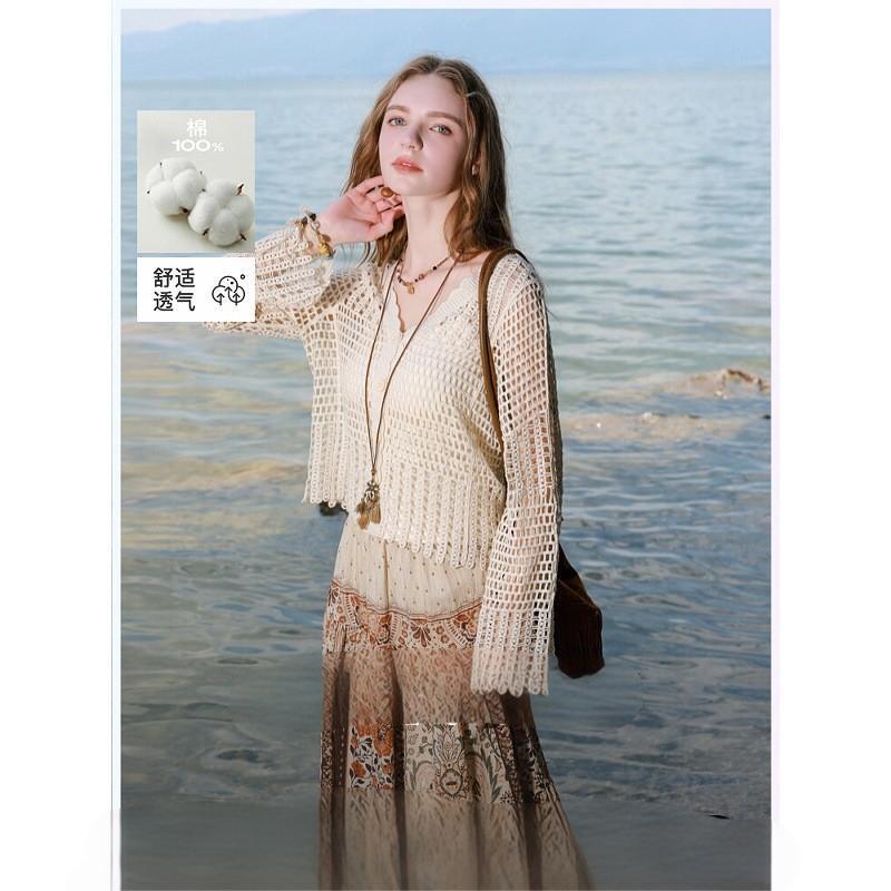 【100% Cotton】Colorful Series 2026 Summer and Autumn New V-Neck Hollow-Out Knitted Cardigan Bohemian Thin Women's Cardigan