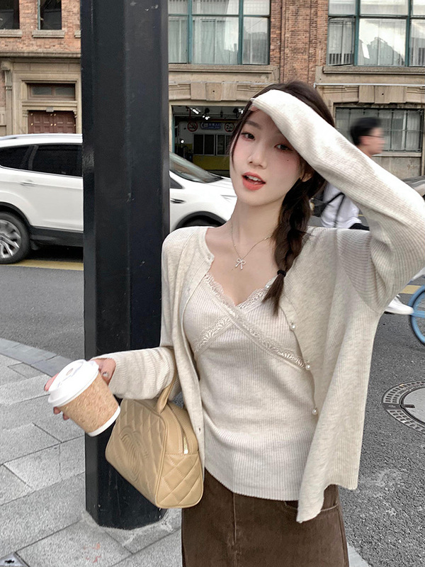 乌纯欲穿搭套装女仿珍珠圆领针织开衫蕾丝拼接吊带背心两件套秋|undefined