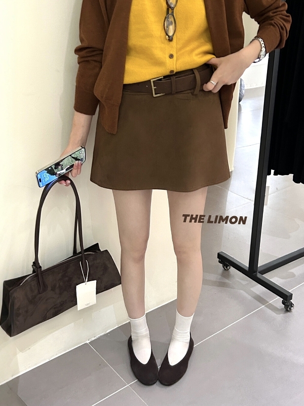THE LIMON柠檬绿茶秋季简约风复古纯色显瘦短裙半身裙女(配腰带)|undefined