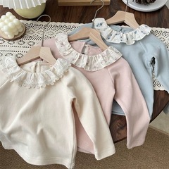 韓国秋女の子ベビー子供小花柄蓮の葉襟長袖ボトムシャツ子供ラペル長袖Tシャツトップ