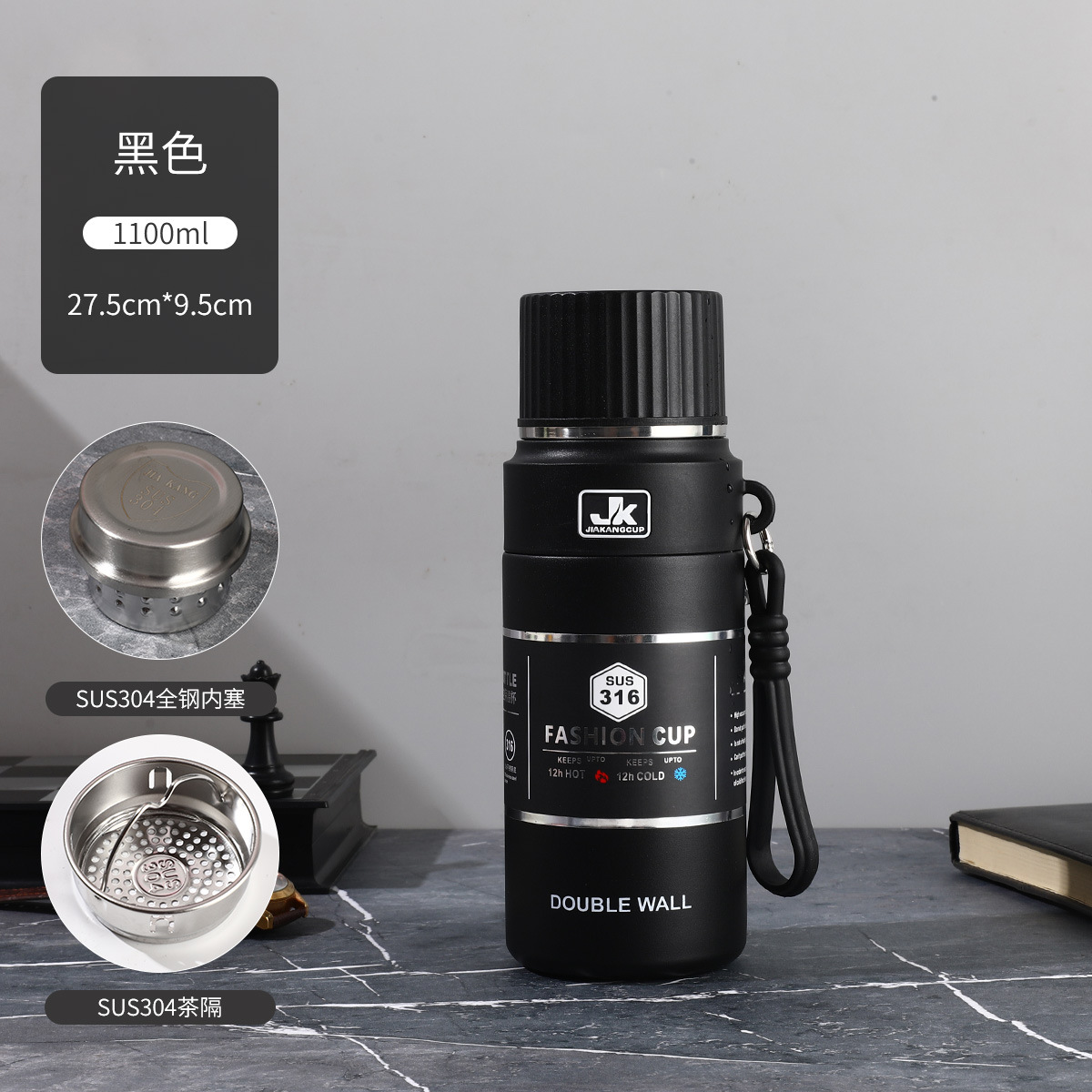 Taza de aislamiento térmico de acero inoxidable comercial con taza de agua al aire libre de gran capacidad para hacer té con tapa para beber hervidor de agua montado en automóviles