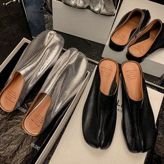 分趾鞋女涼拖鞋夏季新品頭層牛皮圓頭低跟包頭後空外穿涼拖鞋女鞋